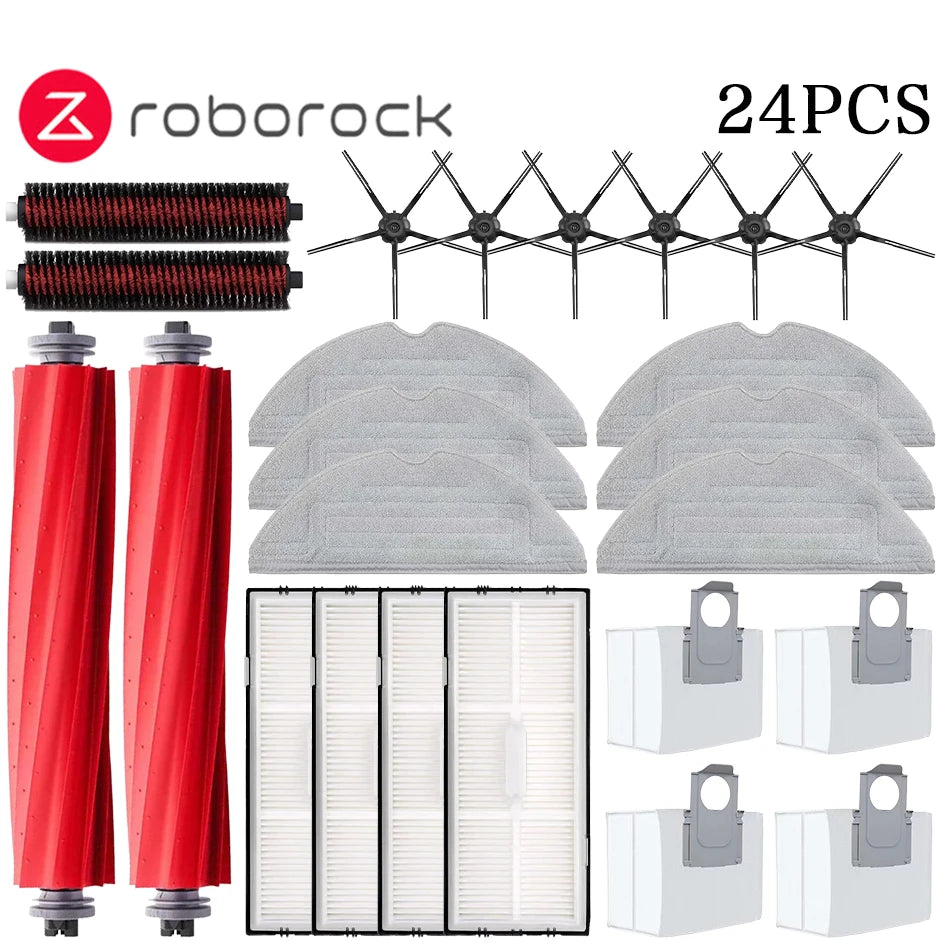Tidesmit replacement parts set for Roborock S7 MaxV Ultra including side brushes, mop pad, Hepa filter and dust bags.