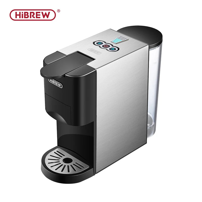 HiBREW compact stainless steel and black capsule coffee machine with transparent water tank and digital touch buttons.