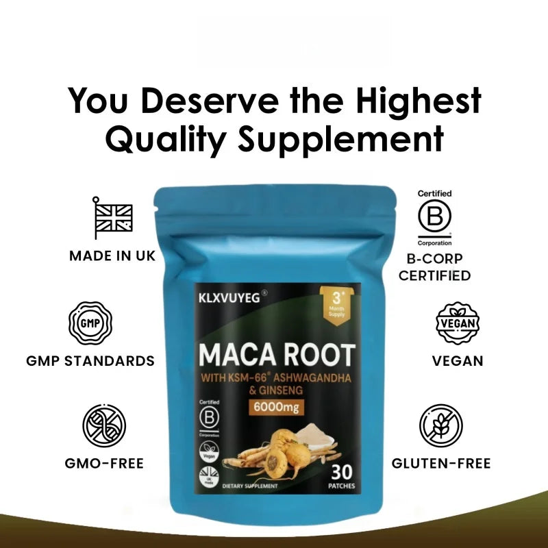 Maca Root With KSM Ashwagandha, Panax Ginseng & Black Pepper - *Strongest* Legal Testosterone Booster, 30 Patches