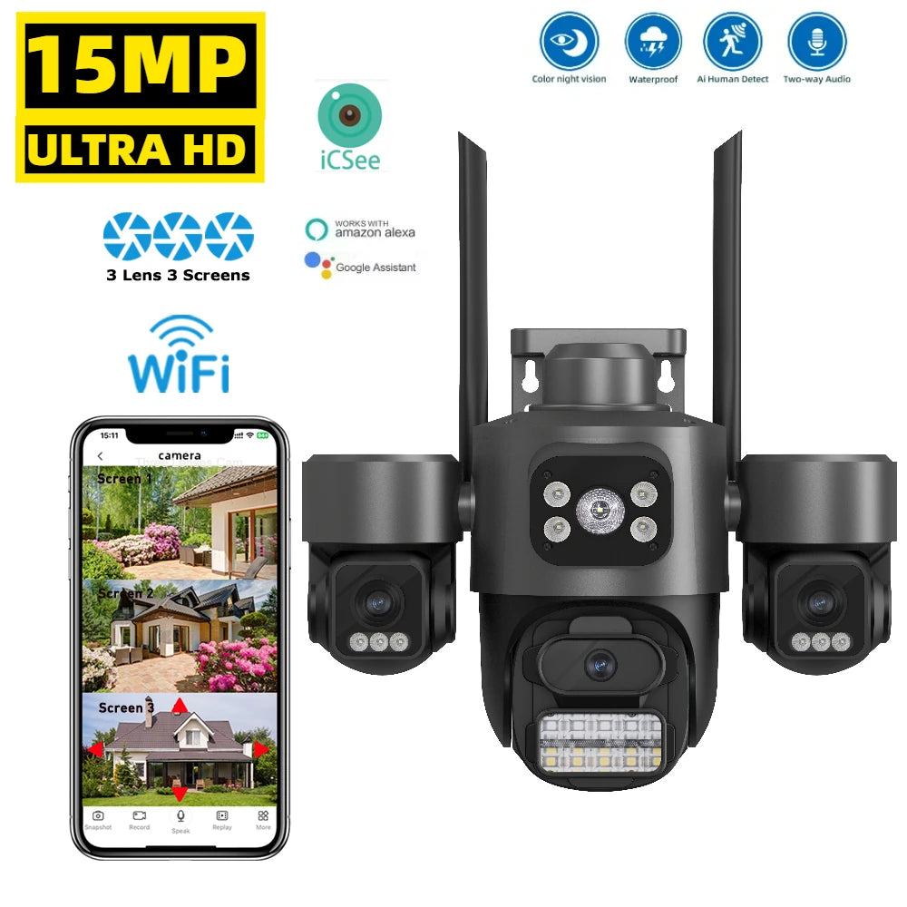15MP Security Camera iCsee 3-HD Screens Auto Tracking WiFi IP CameraOutdoor CCTV Color Night Vision 2-Way Audio Surveillance Cam