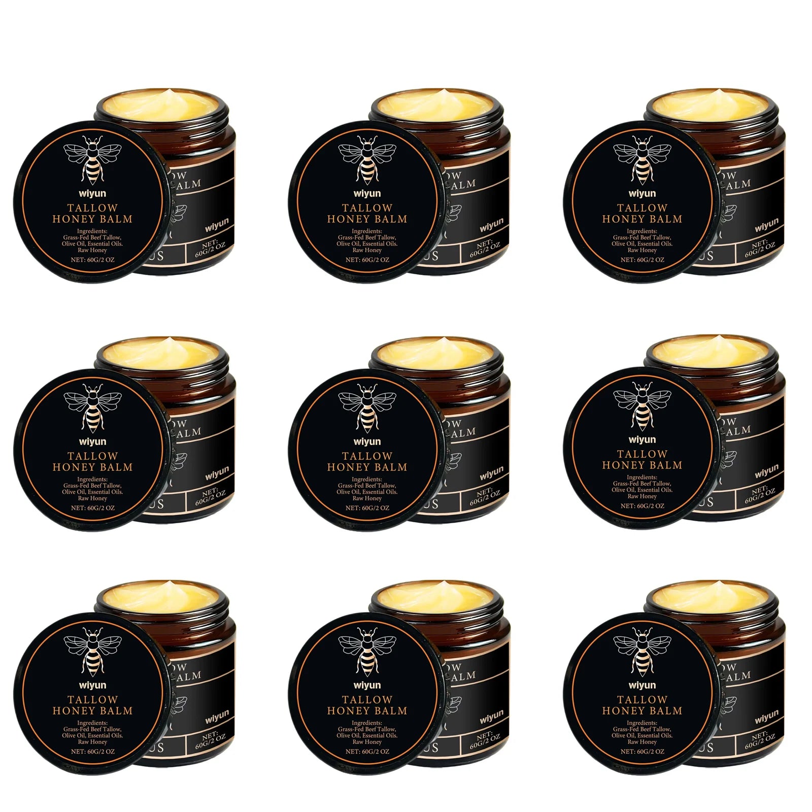 Honey tallow balm tins set, three-by-two arrangement of black round tins with open lids