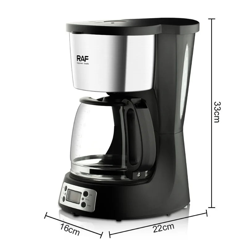 RAF black and stainless steel drip coffee maker with glass carafe and digital display, 33cm tall.