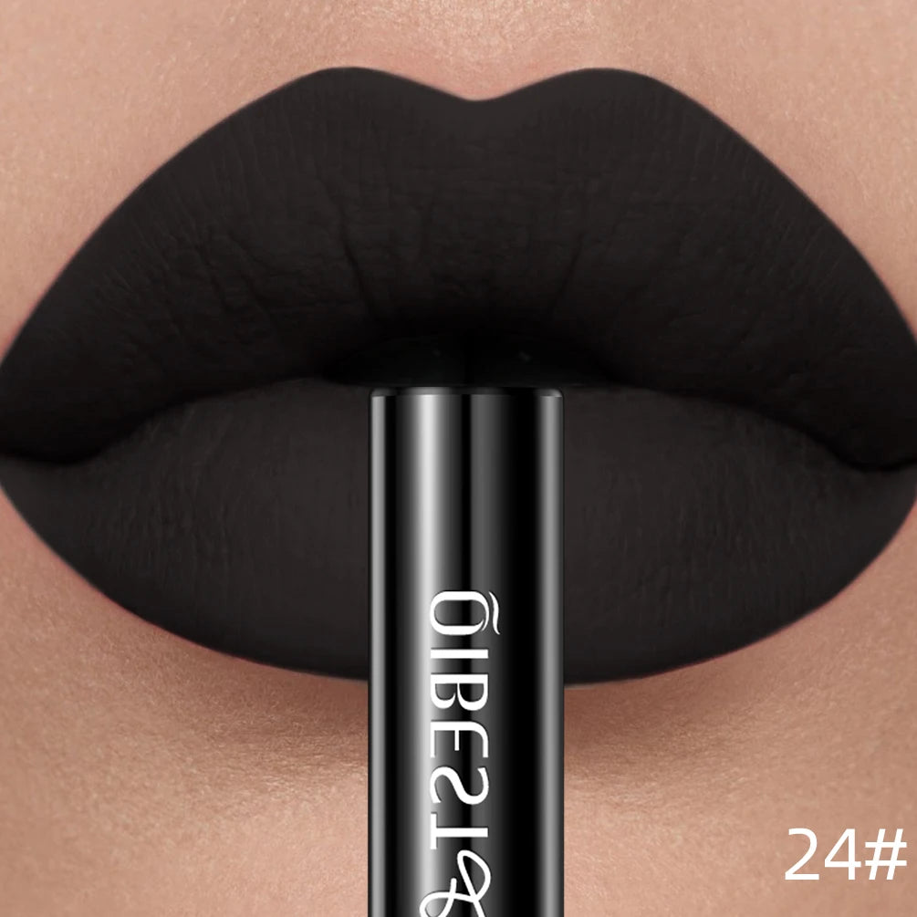 QIBEST long-lasting black velvet liquid lipstick with a smooth, nonstick matte finish on lips.