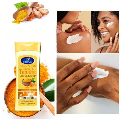Yellow Dr. Davey turmeric body lotion 400ml, anti-inflammatory skincare for glowing, even-toned skin.
