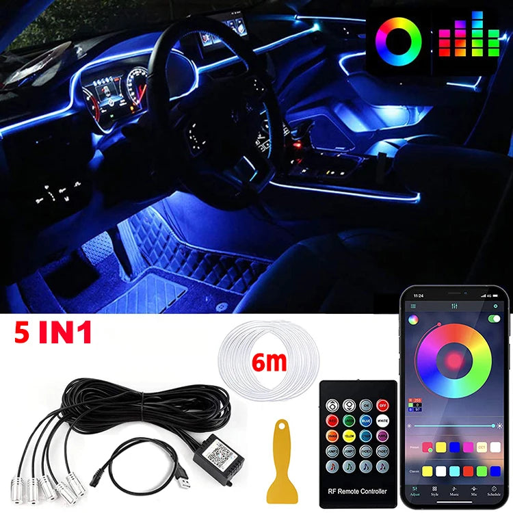 LED Car Interior Ambient Lighting Kit with RGB Smartphone Control 5 in 1 6M USB Tidesmit