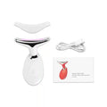 White T-shaped facial skin tightening device with charging cable, cover, and instruction manual.
