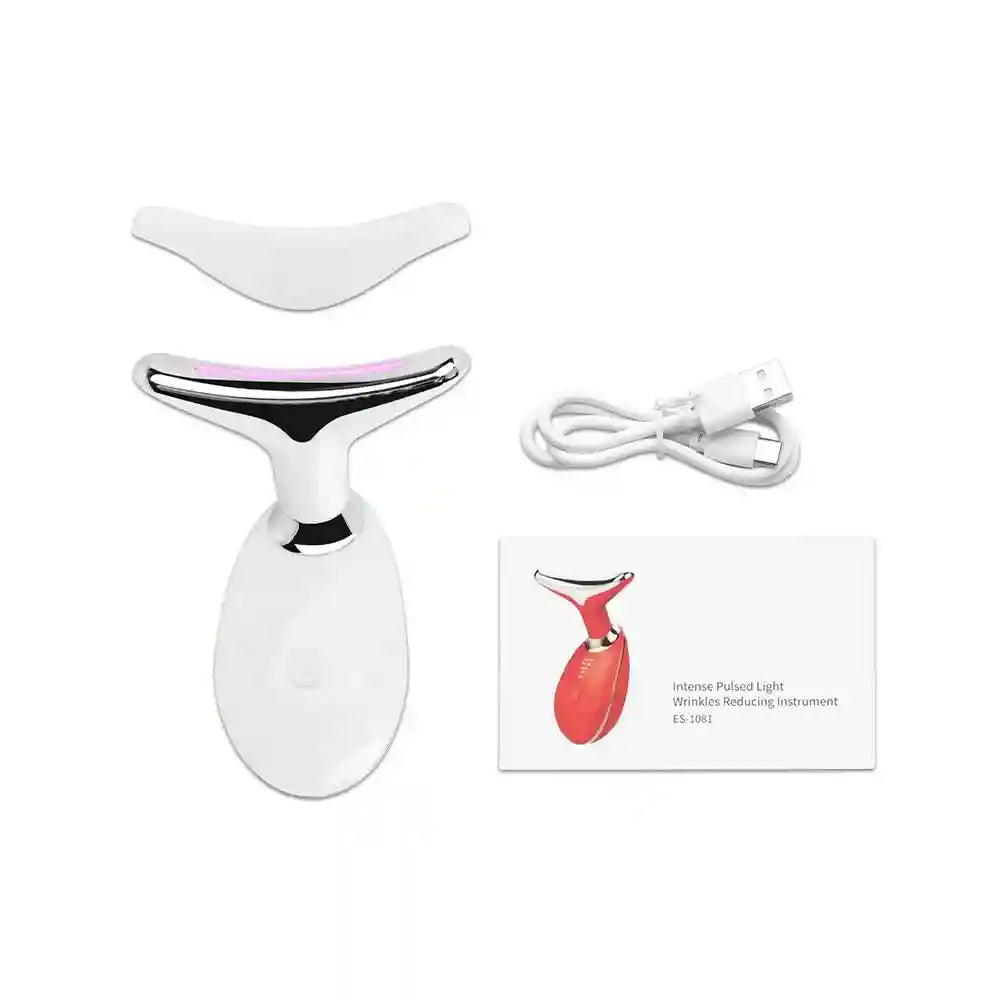 White T-shaped facial skin tightening device with charging cable, cover, and instruction manual.