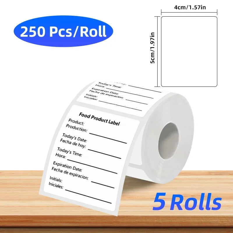 Coreless white thermal label roll with 250 labels per roll, food label template