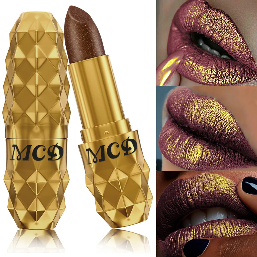 Intense metallic lipstick in gold diamond case, showing long-lasting, pearlescent shimmer lip tint swatches on lips.
