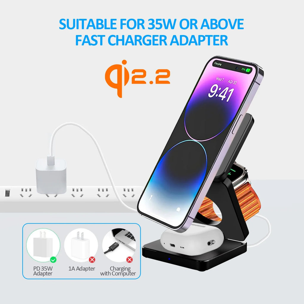 3-in-1 Magnetic Wireless Charging Stand - 25W Fast Qi2 Foldable Station Tidesmit