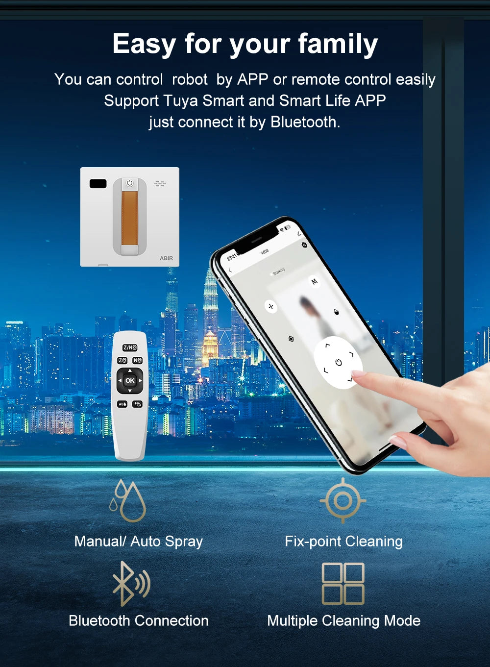 Tidesmit ABIR WD8 robot window cleaner with dual water spray, laser sensor, and remote control for glass surfaces