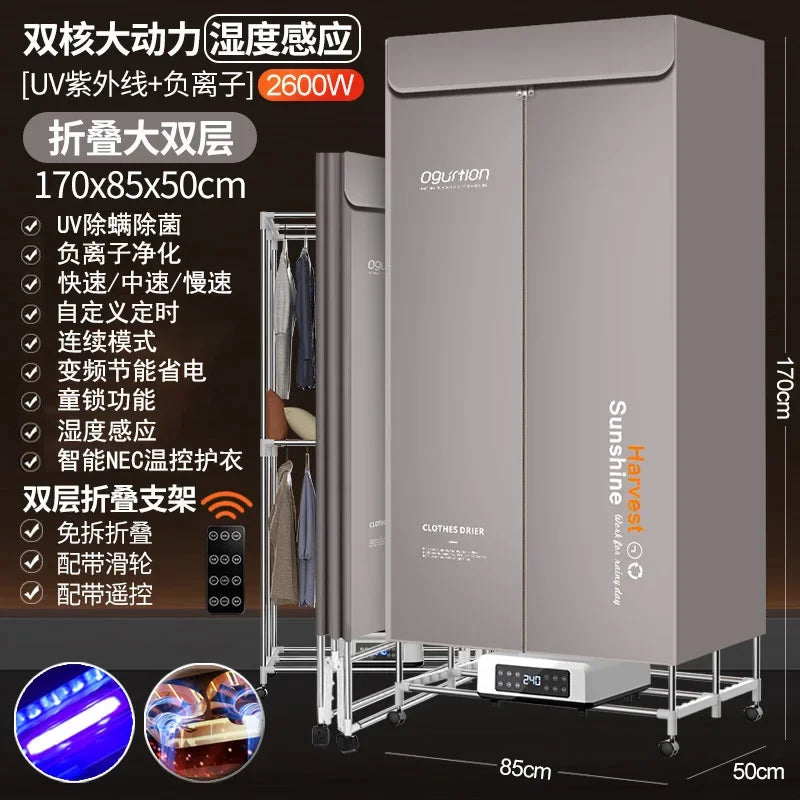 Tidesmit 2600W portable folding clothes dryer with UV sterilization and smart remote control, side angle view.