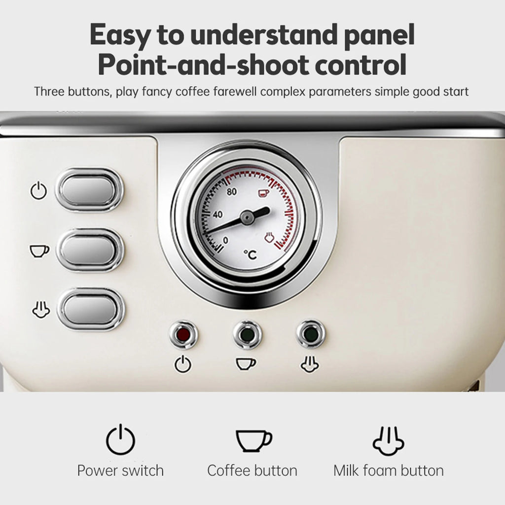 Cream-colored espresso machine control panel with analog temperature gauge and three simple function buttons.