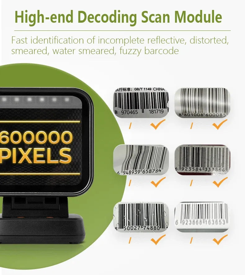 Desktop 2D barcode scanner front lens with orange trim and barcode labels