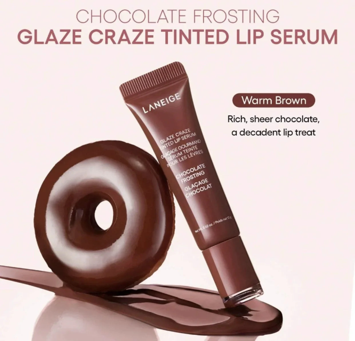 Laneige Glaze Craze Tinted Lip Serum in Chocolate Frosting: a warm brown, hydrating, sheer glossy lip balm.