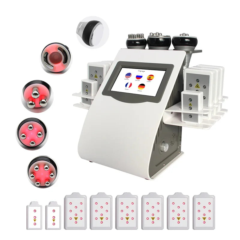 White tabletop cavitation slimming machine with touchscreen, multiple metal treatment heads, and laser lipo pads.