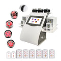 White tabletop cavitation slimming machine with touchscreen, multiple metal treatment heads, and laser lipo pads.