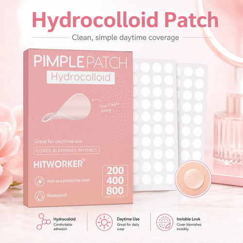 Hydrocolloid acne patch set with pink box and clear backing patches, round and discreet