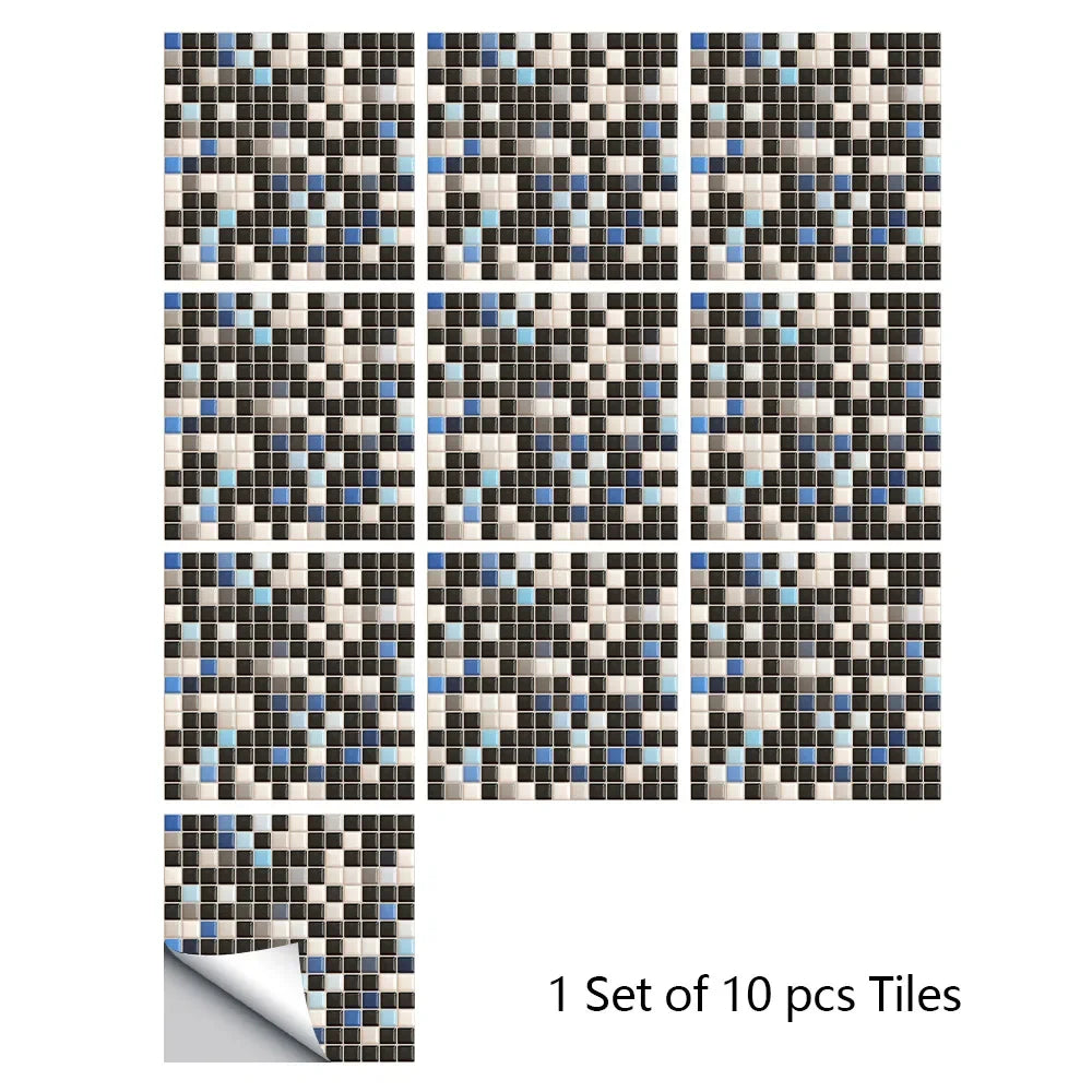 Blue, gray, and white marble mosaic tile wall stickers, 10-piece set