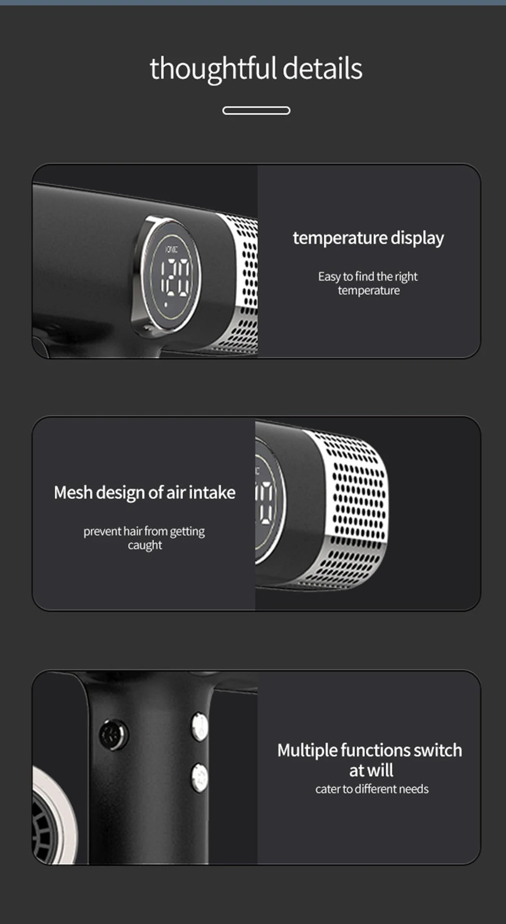 Black 1800W professional hair dryer with digital temperature display, anti-tangle mesh intake, and multi-function buttons.