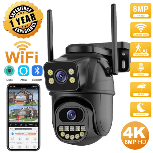 Outdoor black PTZ WiFi dual-lens security camera with dual antenna and app support icons