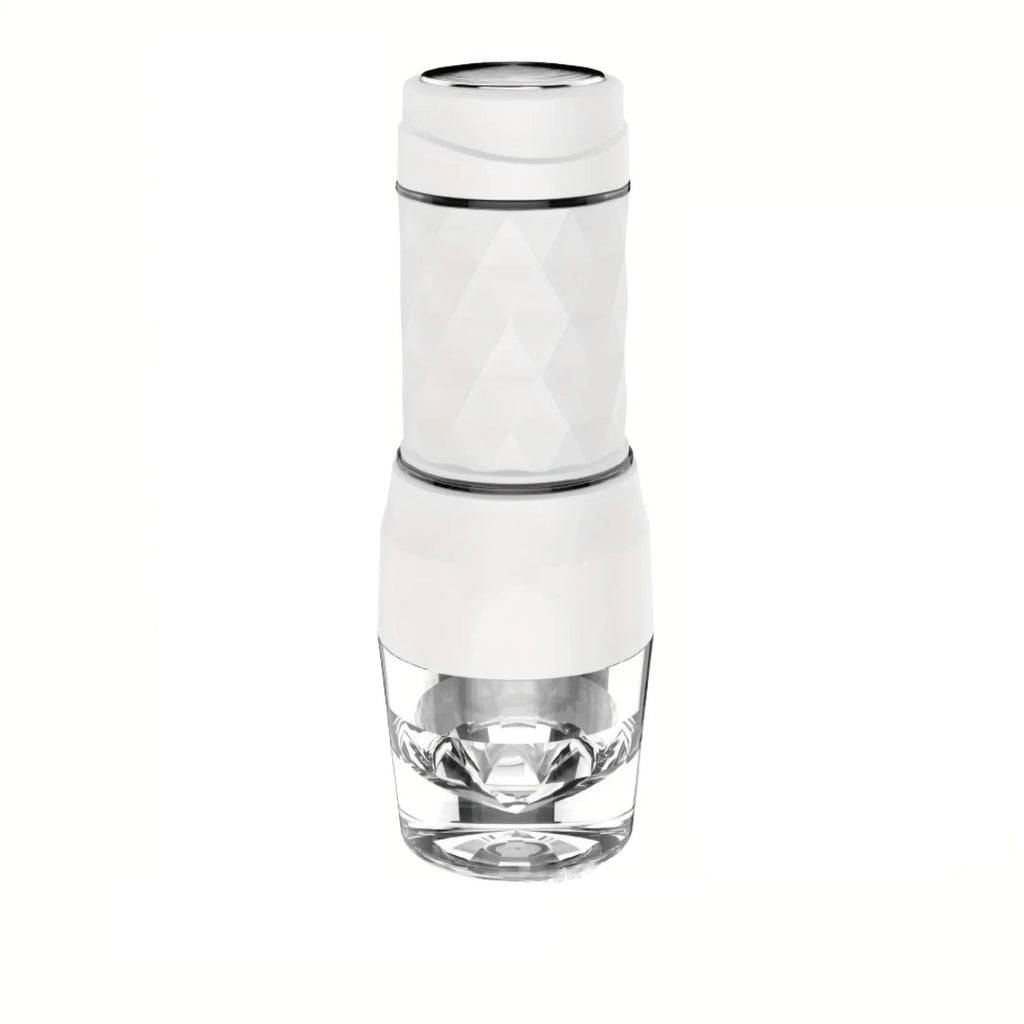 Portable white geometric coffee maker with a transparent base on a white background.