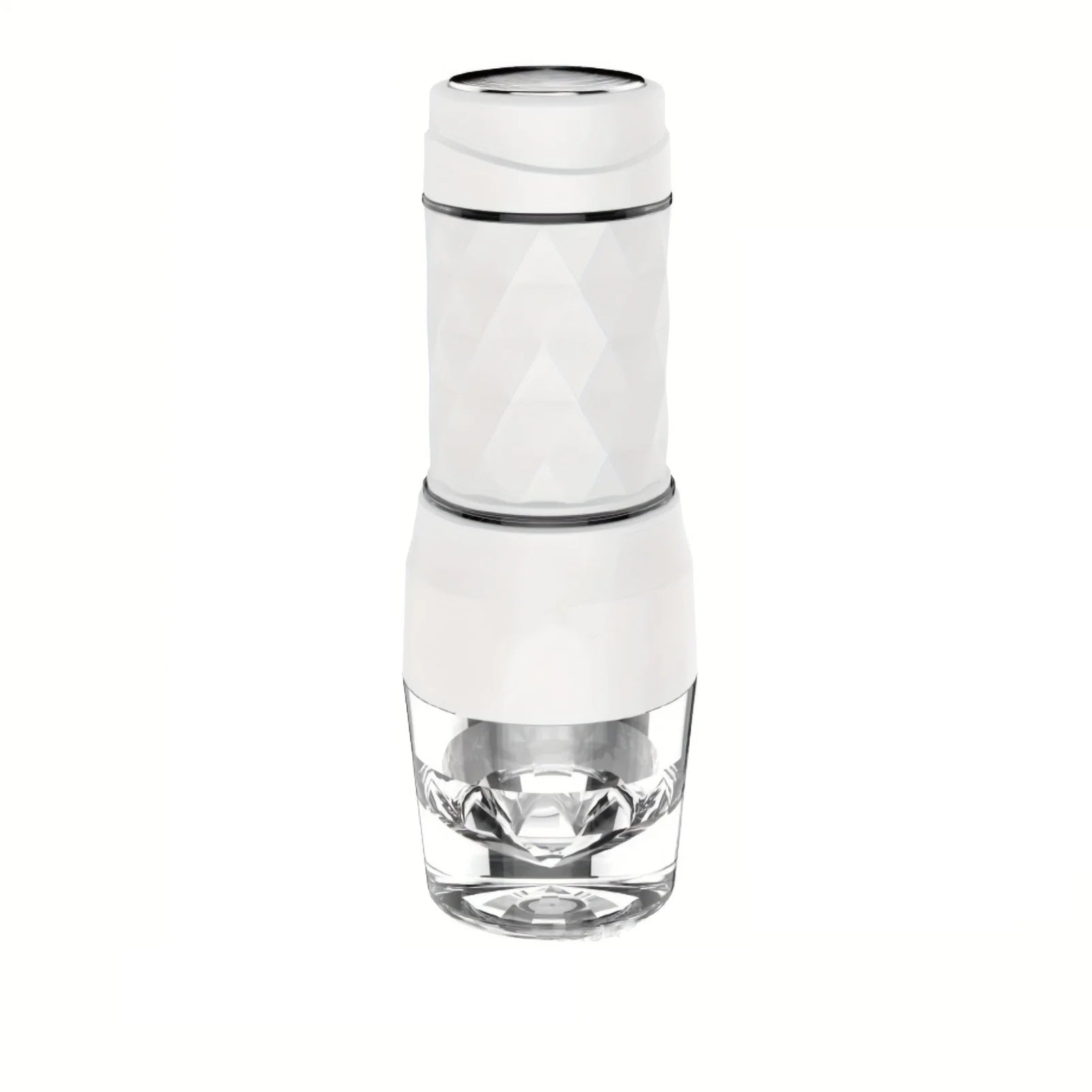 Portable white geometric coffee maker with clear glass base, sleek minimalist design for on-the-go brewing.