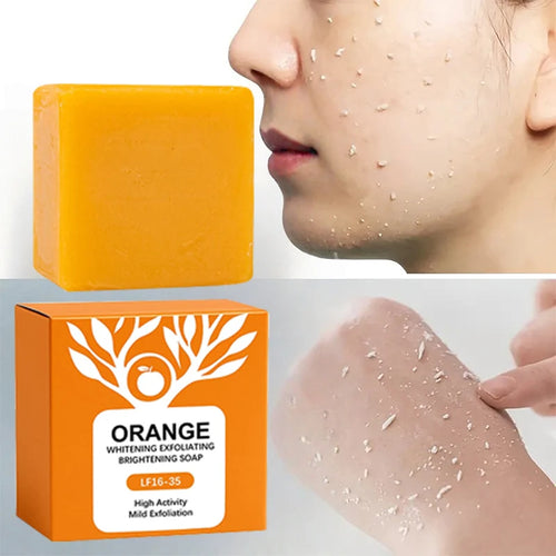 Orange turmeric exfoliating soap bar in orange packaging for anti-inflammatory skin brightening and exfoliation.