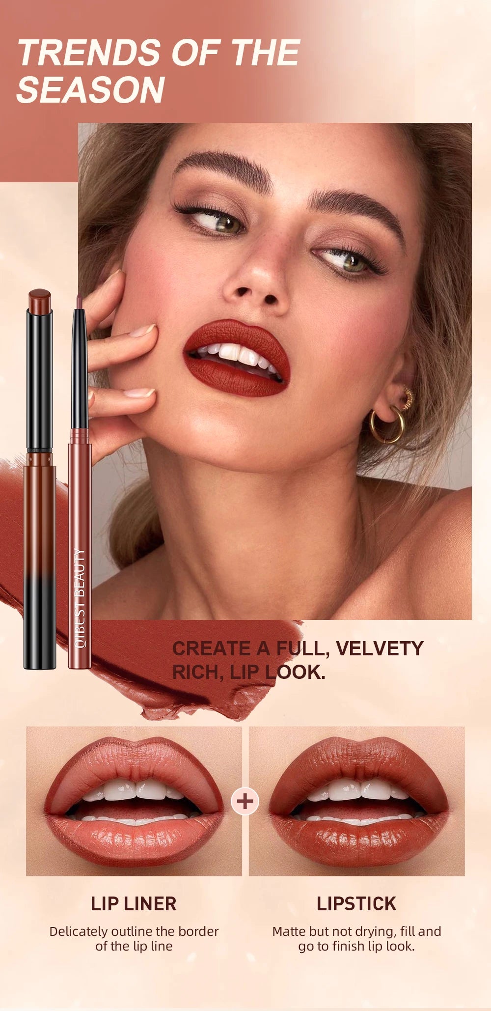 QIBEST 2pcs matte nude lipstick and lip liner pencil set for a waterproof, long-lasting, velvety rich lip makeup look.