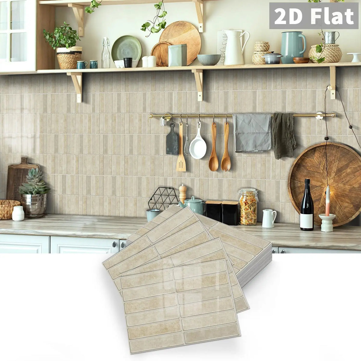 Self-adhesive square tile decal set in beige stone look, peel-and-stick wall stickers