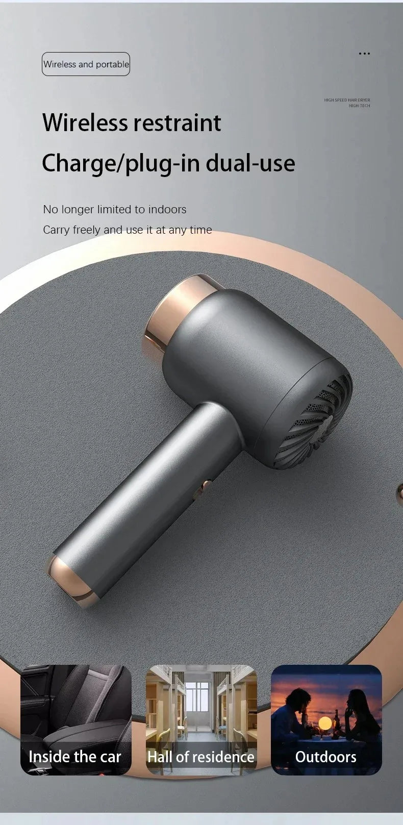 Portable wireless hair dryer in charcoal grey and rose gold, USB rechargeable, compact design for travel and home use.