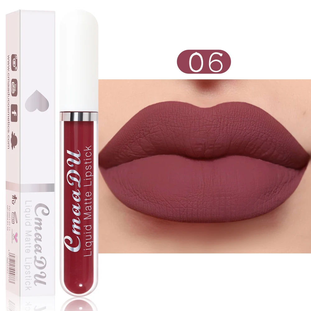 CmaaDu waterproof matte liquid lipstick in shade 06, a long-lasting, non-stick deep berry red lip makeup.