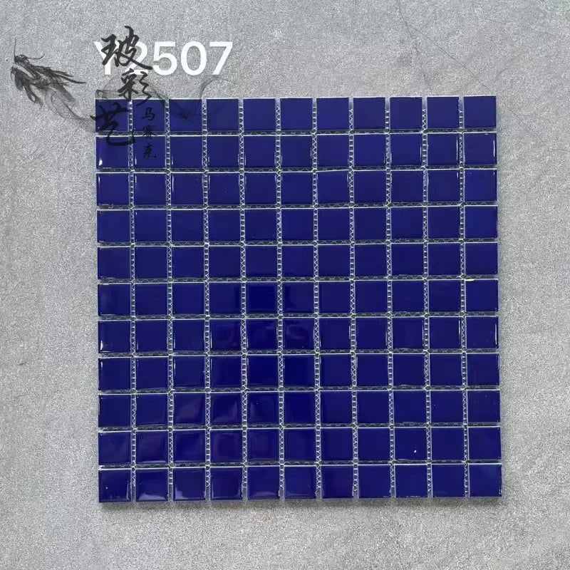Ceramic mosaic tile sheet with deep blue squares and dark grout lines