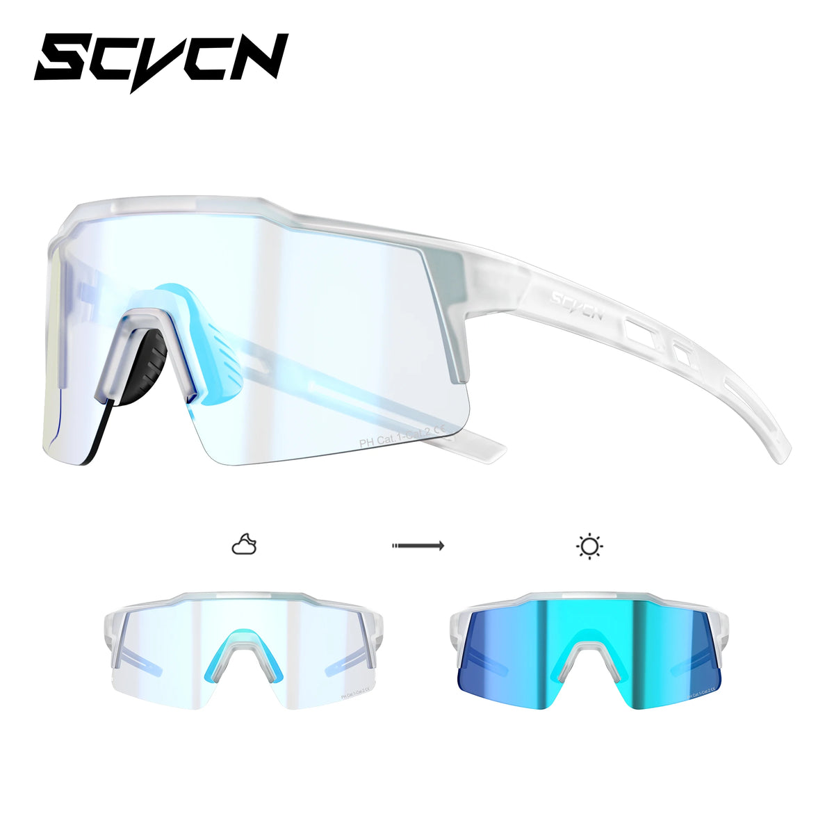 SCVCN photochromic cycling sunglasses, clear frame, light blue mirrored lenses