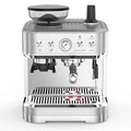 Stainless steel espresso machine with integrated grinder, pressure gauge, and steam wand for home brewing.