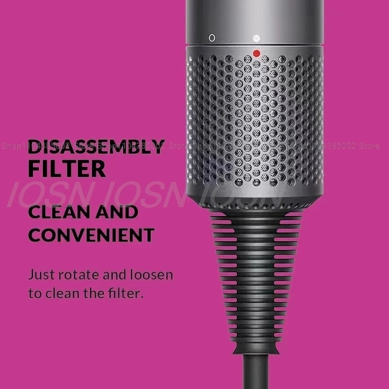 Grey professional leafless hair dryer with easy-clean rotating filter for powerful, quick-dry ionic hair care.