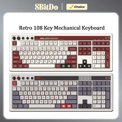 8BitDo Retro 108-key mechanical keyboards with multi-mode connectivity, classic gaming-inspired colors, and control knobs.