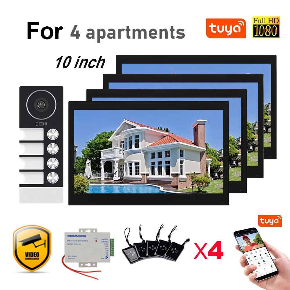 Black video doorbell intercom with four 10-inch monitors and outdoor camera door unit