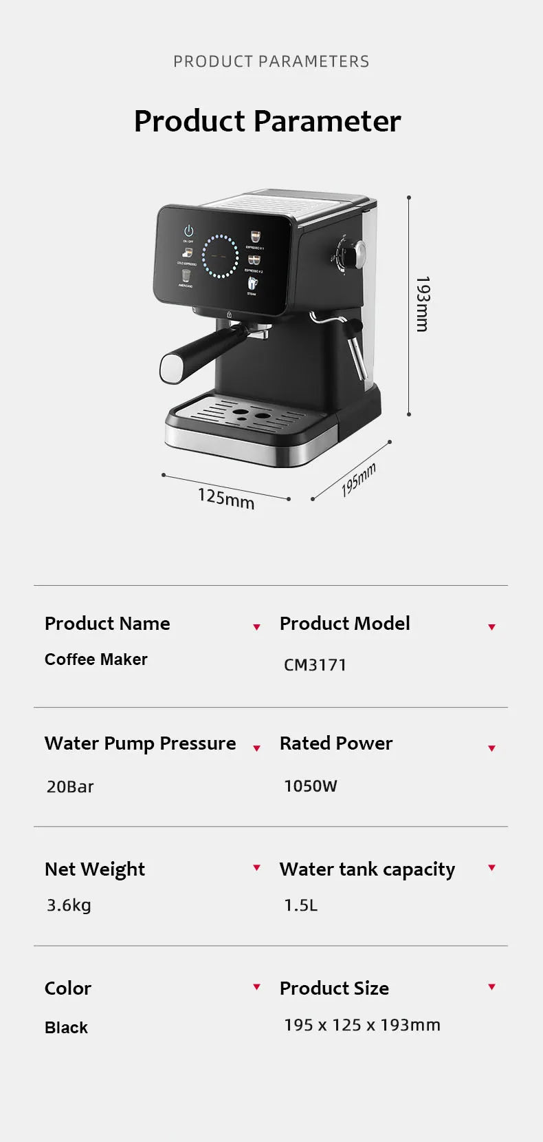 Black CM3171 espresso coffee maker with 20-bar pump, 1.5L tank, and compact 195x125x193mm dimensions.