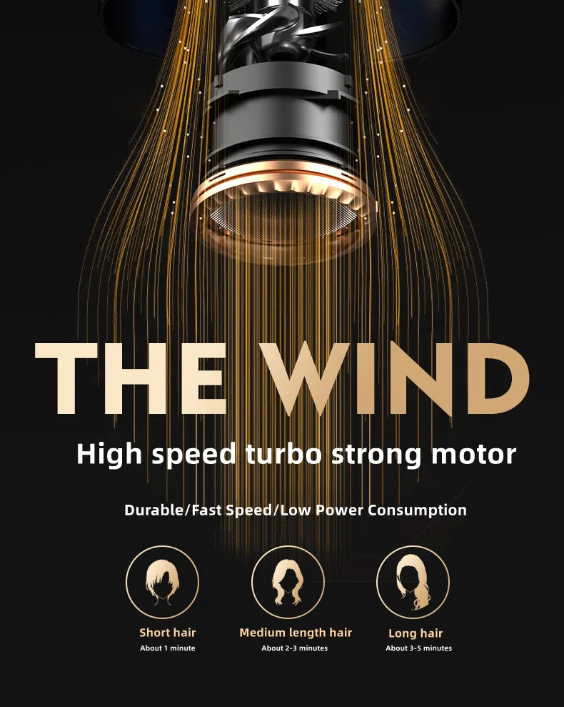 2400W high-speed hair dryer with powerful turbo motor, featuring sleek black design and fast-drying airflow tech.
