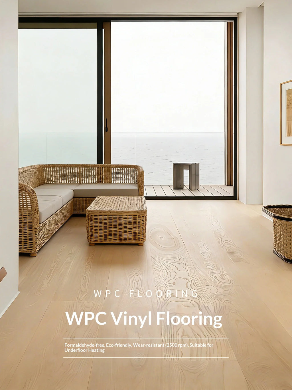 Light oak woodgrain WPC vinyl flooring planks in a bright living area