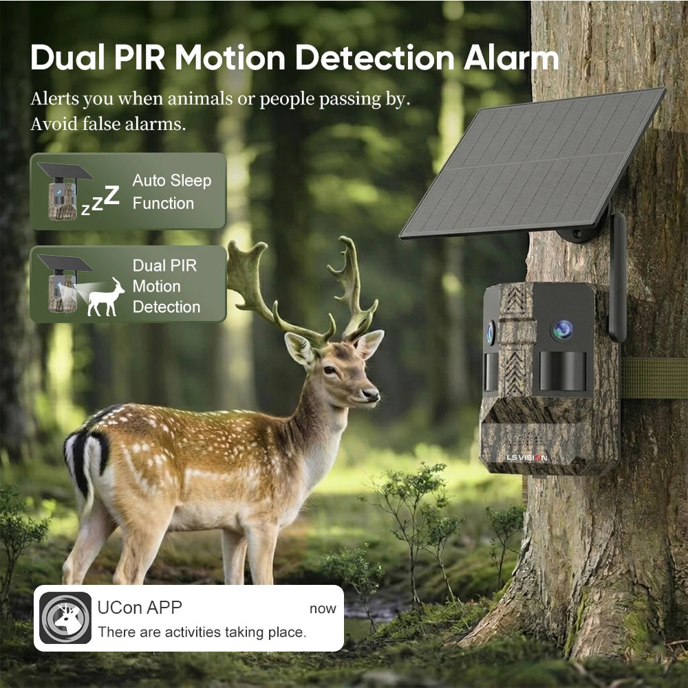 UCON 24MP Outdoor Solar Cellular Trail Camera Wildlife Camera Dual Screen Dual PIR Animal Detection 0.2s Triggered Night Vision