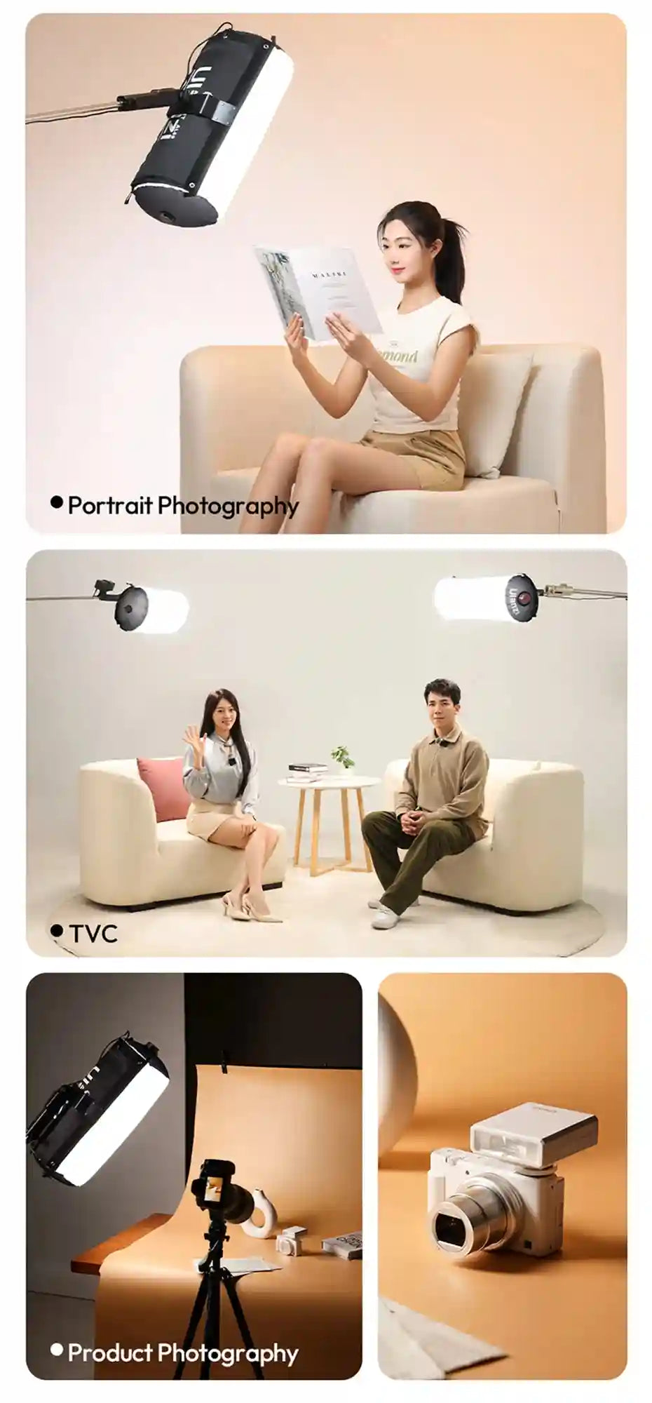 Cylindrical LED softbox light for photography and videography, shown illuminating portraits, interviews, and products.