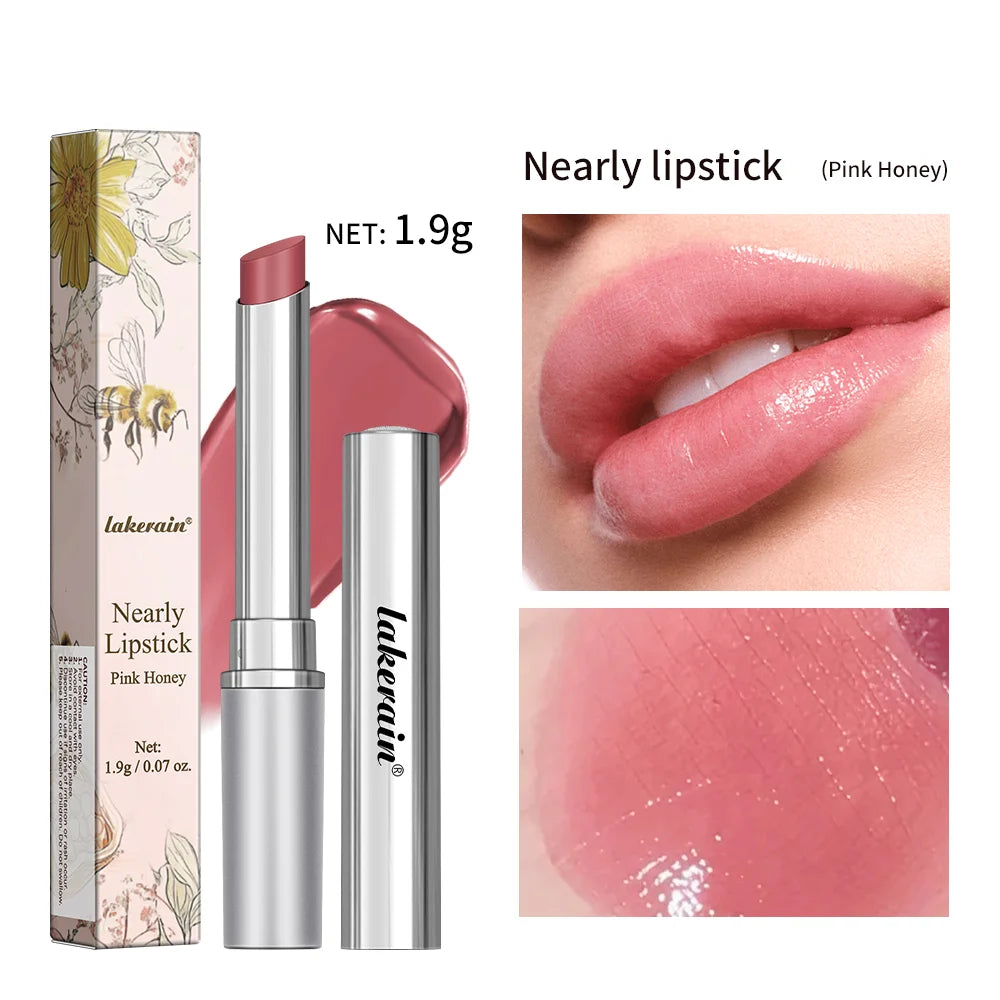 Lakerain Pink Honey moisturizing lipstick, long-lasting hydrating lip balm with glossy, nourishing, plumping texture.
