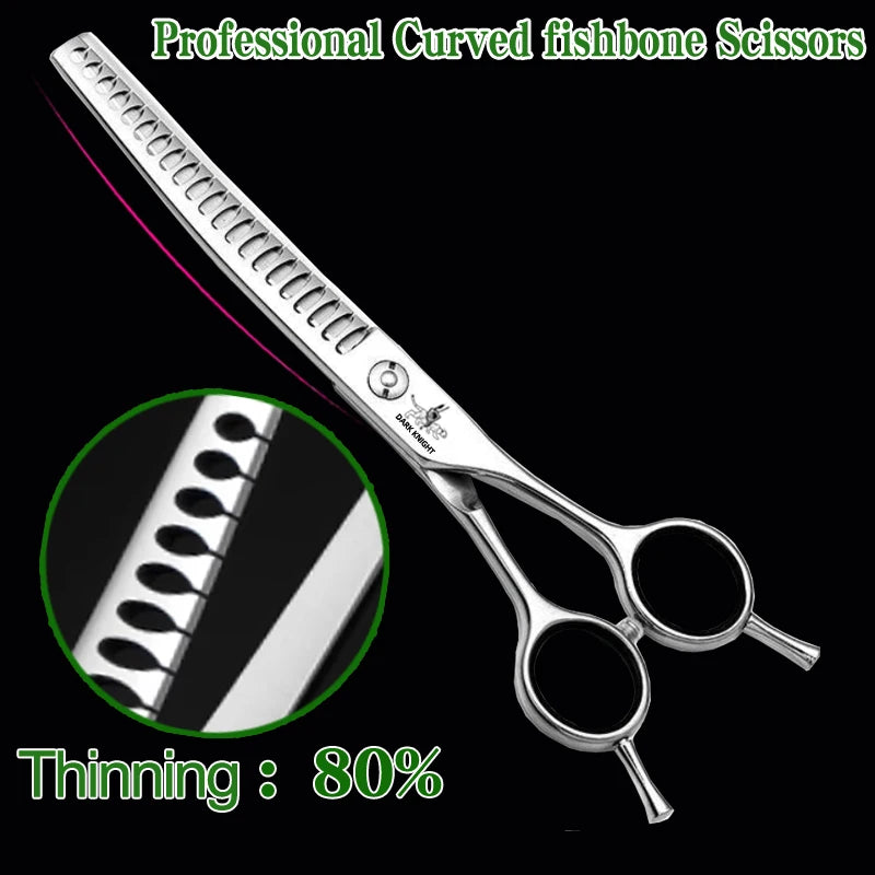 7-inch professional curved fishbone dog grooming thinning shears for precise, smooth pet coat trimming and styling.