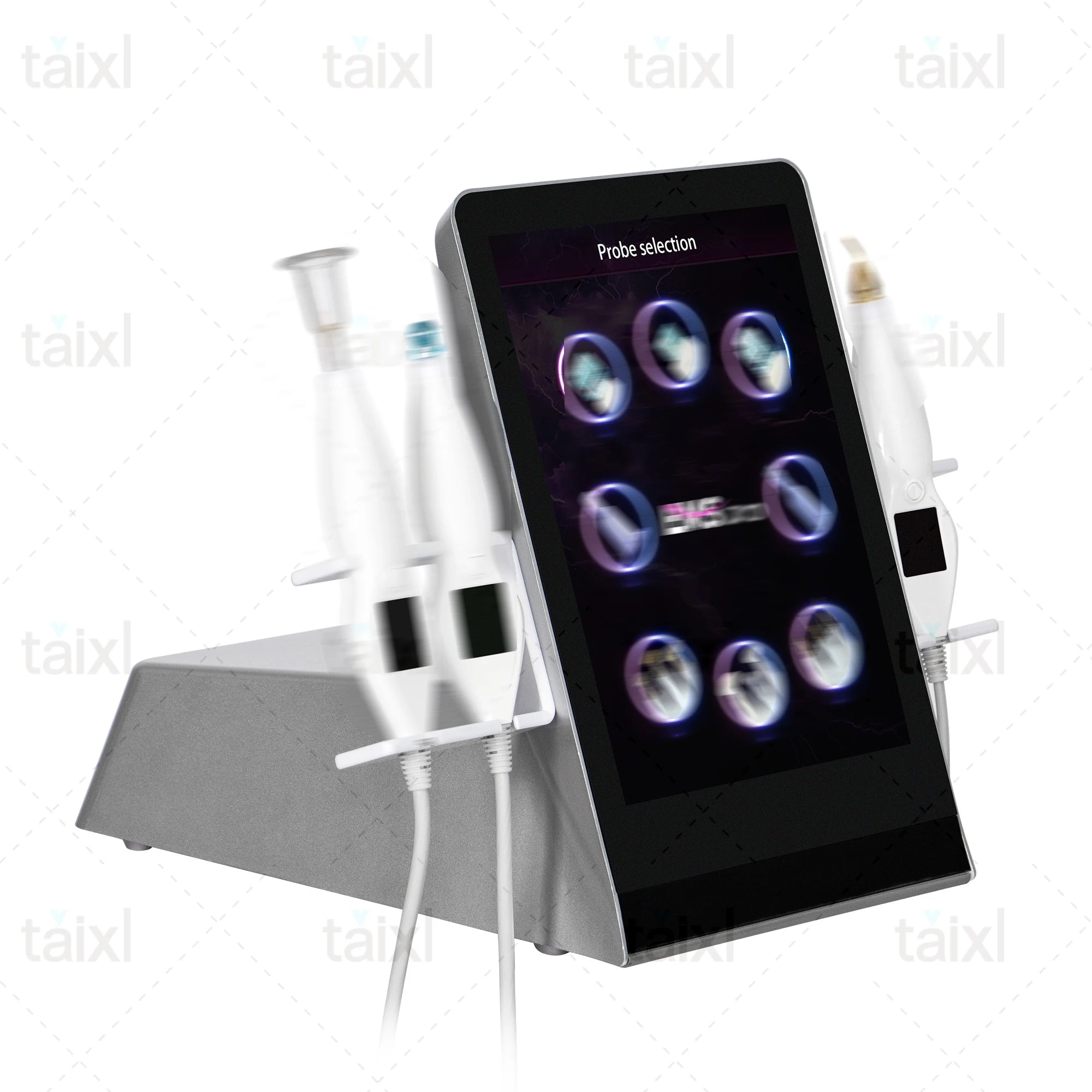 Professional ozone cold plasma facial machine with touchscreen, three treatment probes, and silver base design.