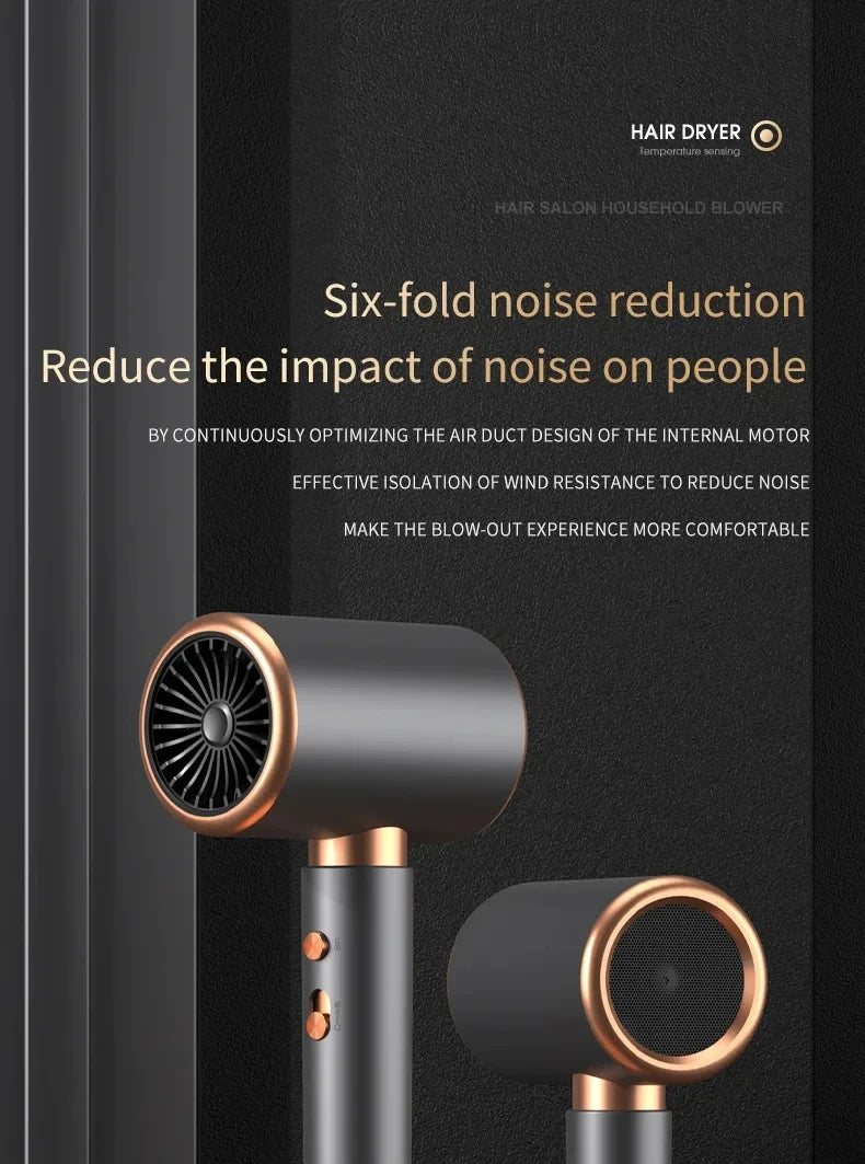 HOMEFISH 2000W ionic hair dryer in matte grey with rose gold accents, featuring 5-speed quiet noise reduction design.