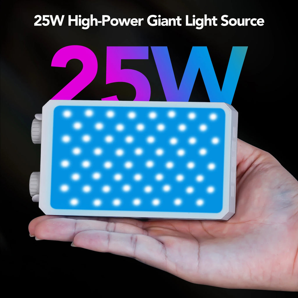 Handheld 25W rectangular LED panel light with white casing and adjustable control knobs for photography and video.