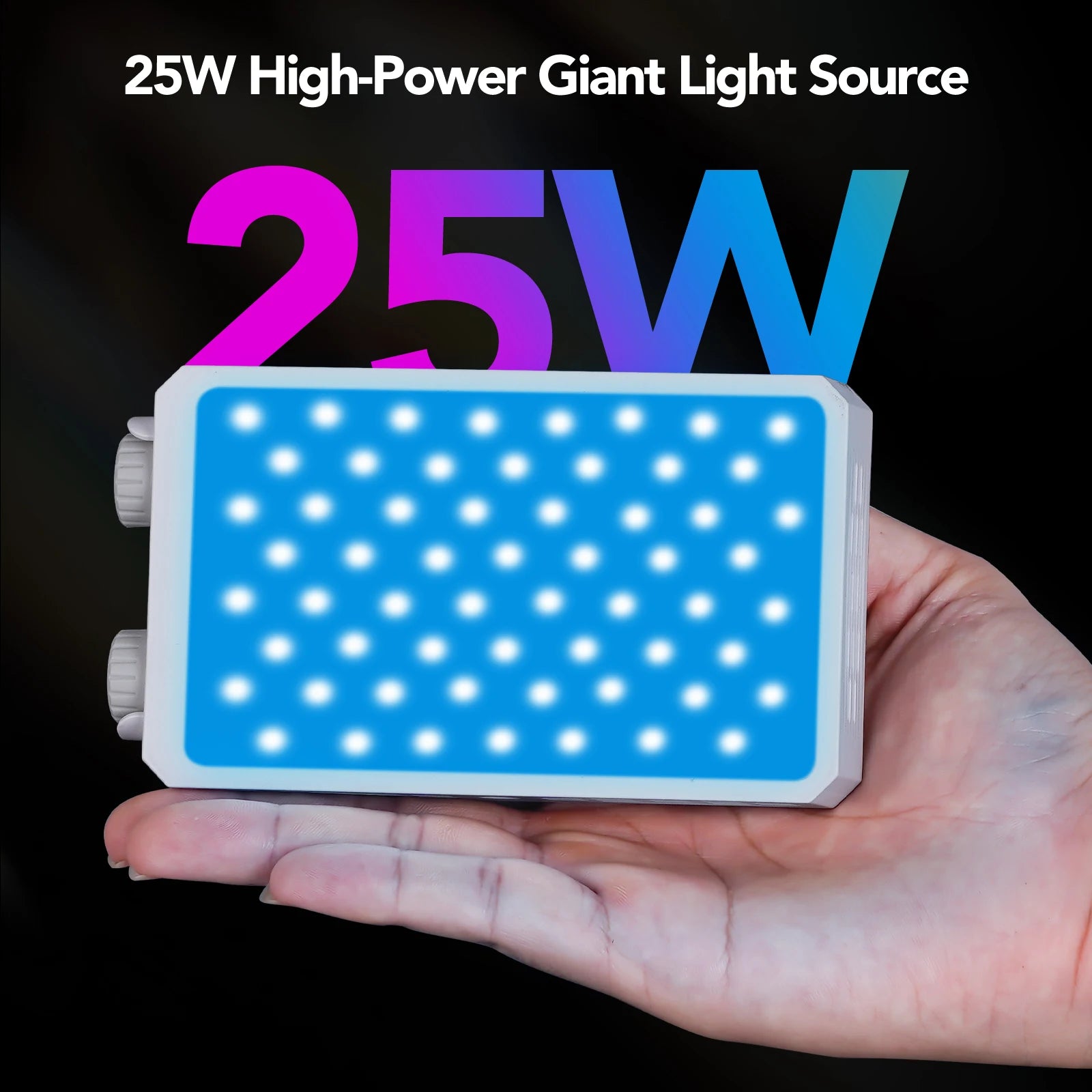 Handheld 25W rectangular LED panel light with white casing and adjustable control knobs for photography and video.