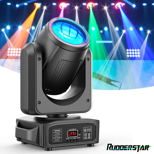 Black moving-head LED stage light with circular lens on a base, angled forward